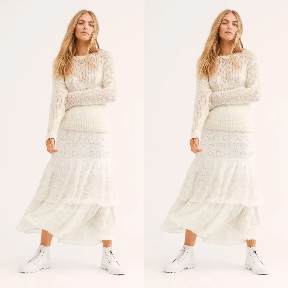 Free People Wilder Tiered Midi Eyelet Lace Skirt